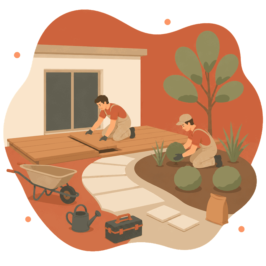 Illustration de professionnels posant une terrasse en bois et aménageant un jardin
