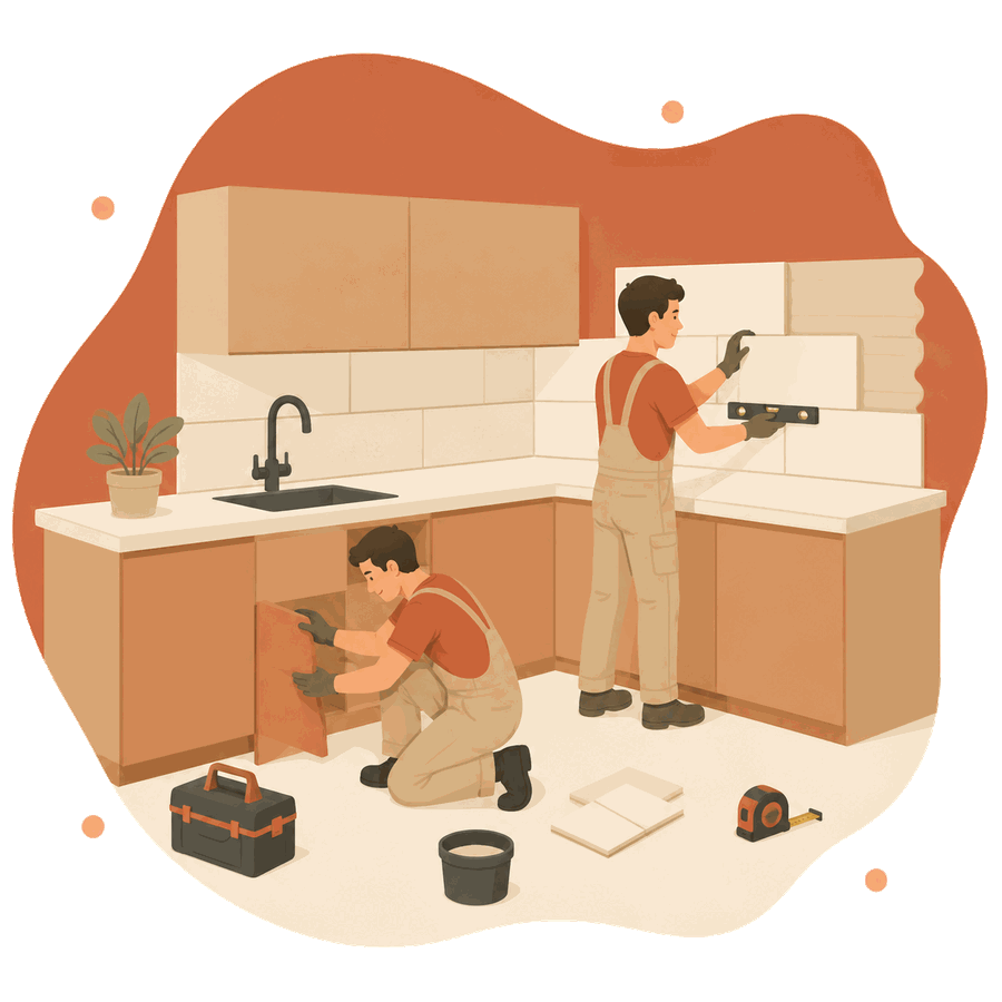 Illustration de rénovateurs installant des meubles de cuisine et posant du carrelage