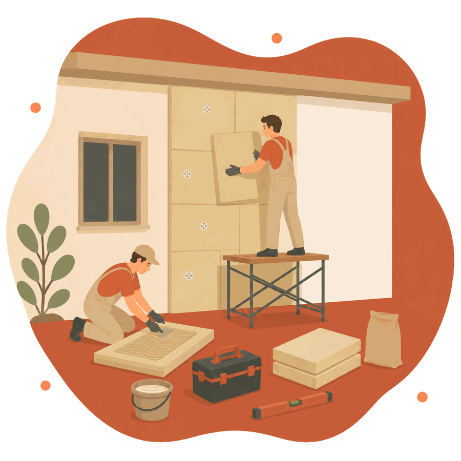 Illustration d'entrepreneurs posant des panneaux d'isolation extérieure sur une façade
