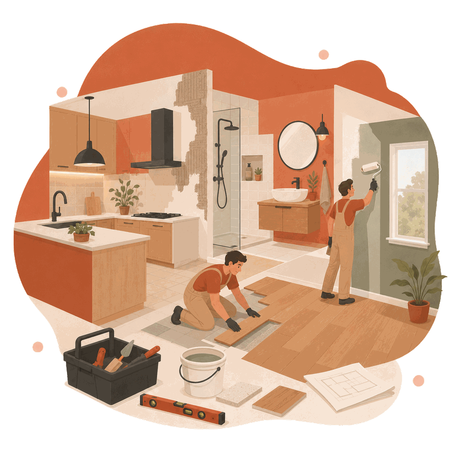 Illustration de rénovateurs travaillant sur plusieurs postes d'une rénovation complète : cuisine, salle de bain et peinture