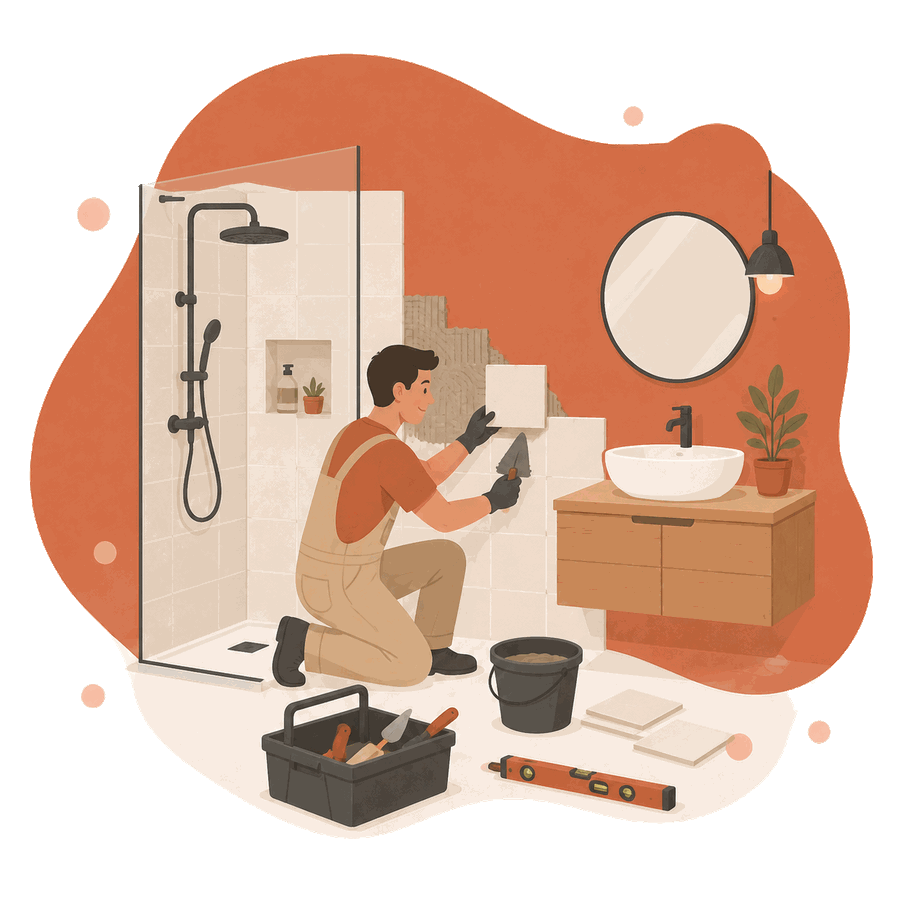 Illustration d'un rénovateur posant du carrelage dans une salle de bain en cours de rénovation à Bruxelles