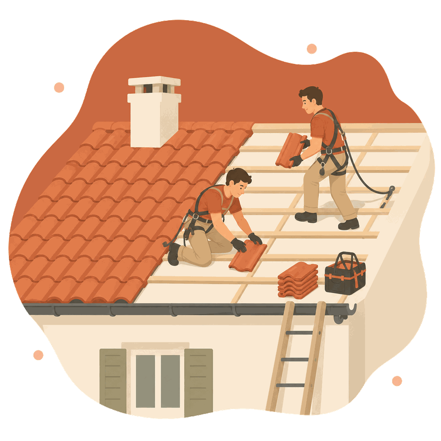 Illustration de deux couvreurs posant des tuiles sur une toiture en pente
